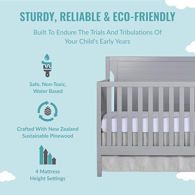 Cape Cod 5-In-1 Convertible Crib In Pebble Grey, Greenguard Gold And JPMA Certified, Built Of Sustainable New Zealand Pinewood, 3 Mattress Height Positions - LeafyLoom