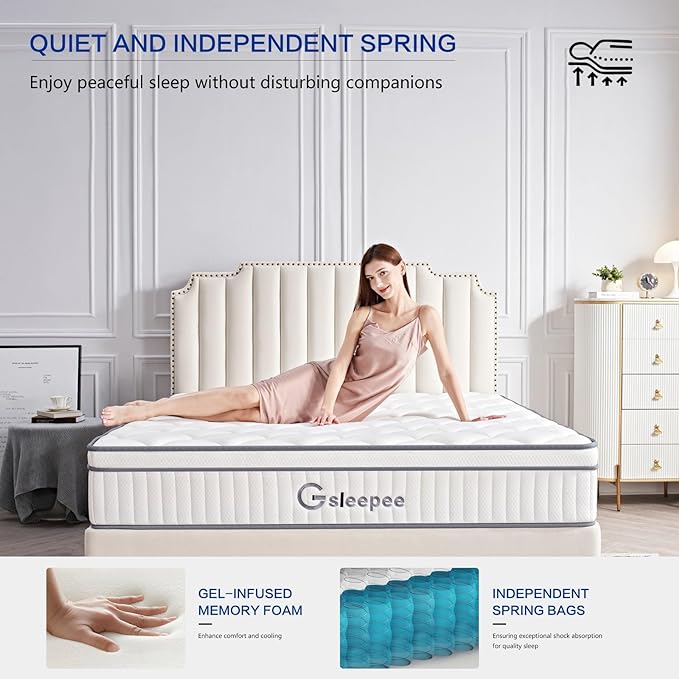 King Mattress, 12 Inch Size Gel Memory Foam Mattress, Individually Inner Spring Hybrid Mattresses, Medium Firm colchones in a Box, Pressure Relief - LeafyLoom