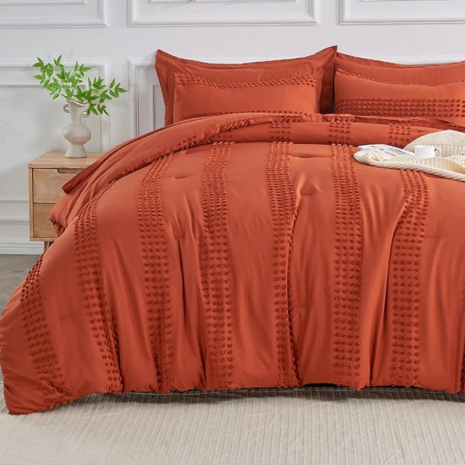 ENJOHOS California King Size Comforter Set with Sheets 7 Pc - Burnt Orange Oversized King Comforter Set, King Bed in a Bag Set, Boho Tufted Bedding with Pom, Lightweight Microfiber Comforter - LeafyLoom