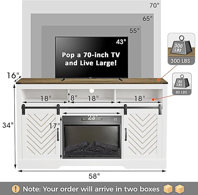 Farmhouse Fireplace TV Stand for 65+ Inch TV, Entertainment Center with 23" Electric Fireplace with Remote, Modern Rustic TV Console with Sliding Bar Door for Living Room, Antique White - LeafyLoom