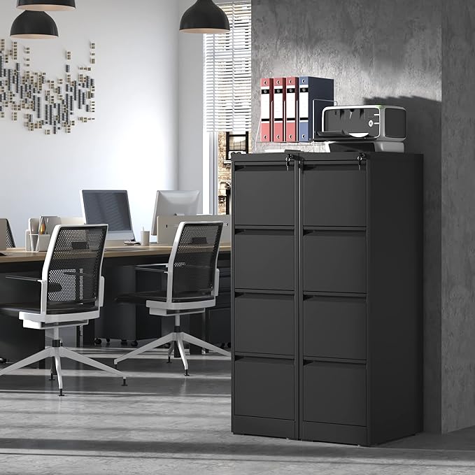 4 Drawer File Cabinet,Metal Filing Cabinets with Lock,Black Vertical File Cabinet for Home Office,Heavy Duty Metal Storage Cabinet for A4/Letter/Legal Size File,Assembly Required - LeafyLoom