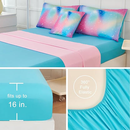 URBONUR Kids Bedding Set Twin Size 6 Pieces Comforter & Sheet Set Colorful Rainbow Tie Dye Stars Printed Girls Bedding Set Ultra Soft Bed Sets - LeafyLoom