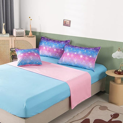 PERFEMET 6Pcs Mermaid Scale Comforter Sets Twin Size, 3D Pink Glitter Bed in A Bag for Teens Girls, Colorful Rainbow Bedding Comforter with Sheets Set, Ultra Soft Sparkly Galaxy Quilted Duvet - LeafyLoom