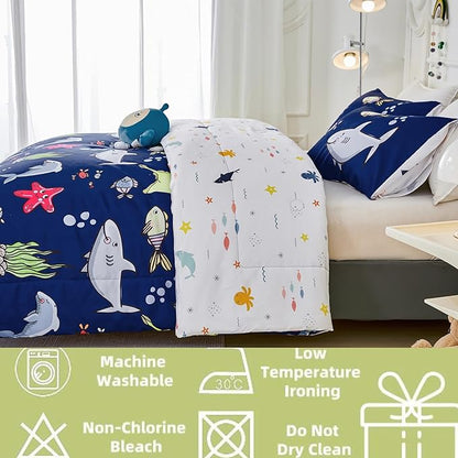 RYNGHIPY Kids Bedding Set for Twin Bed Reversible Ocean Animals Print Comforter Set for Boys Girls Easy-Wash Super Soft Microfiber Bed Set (Navy Ocean,Twin) - LeafyLoom