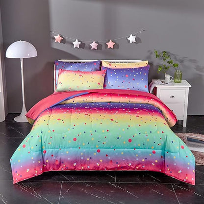 Colorful Polka Dots Rainbow Comforter Set for Teen Girls Women,Twin Size 4 Piece Bed in A Bag,Circles Printed Comforter and Sheets,Ultra Soft Microfiber All Season Bedding Set(Twin,Dots) - LeafyLoom