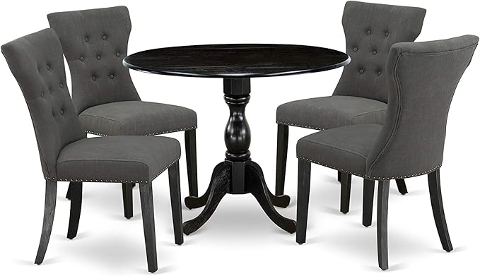 East West Furniture DMGA5-ABK-50 5 Piece Dining Room Table Set Includes a Round Dining Table with Dropleaf and 4 Dark Gotham Linen Fabric Upholstered Parson Chairs, 42x42 Inch, Wirebrushed Black - LeafyLoom