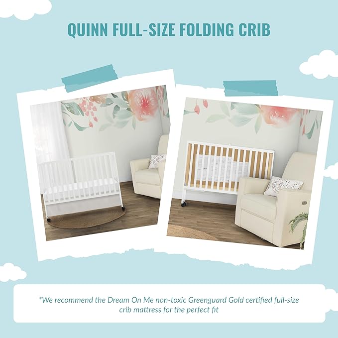 Quinn Full-Size Folding Crib In White, Removeable Wheels, Modern Nursey, Adjustable Mattress Support, Portable Crib, Patented Folding System - LeafyLoom