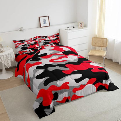 Feelyou Twin Size Camouflage Comforter Set 3Pcs Kids Bedding Set for Boys Girls Teens 1 Comforter & 2 Pillowcases(Twin,Red Black) - LeafyLoom