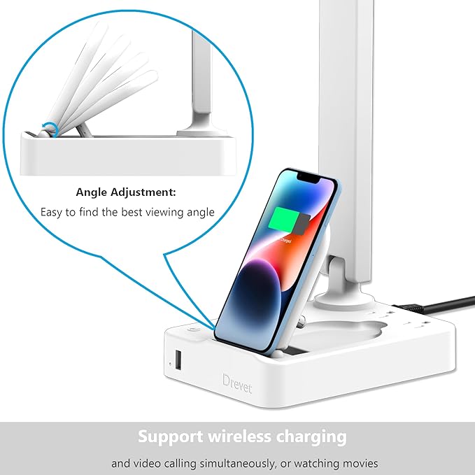 Drevet LED Desk Lamp with Wireless Charger, Desk Table Light with USB Charging Port and 2 Outlets, 3 Lighting Modes, 3 Level Brightness, 1H Timer, Touch Control, Eye-Caring Home Office Lamp, White - LeafyLoom