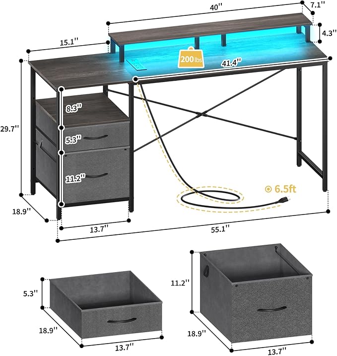 Yoobure Computer Desk, Gaming Desk with LED Lights & Power Outlets, Office Desk with Fabric File Cabinets, 55.1" Gaming Table with Long Monitor Stand, PC Gamer Desk with Drawers for Home office, Grey - LeafyLoom