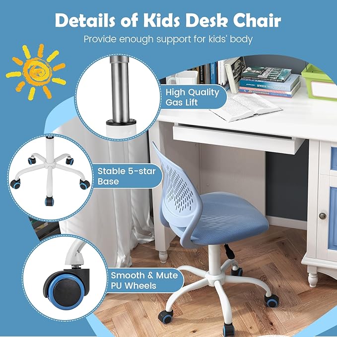 Kids Desk Chair, Blue Ergonomic Kids Office Chair Ages8-12 w/Lumbar Support, Low-Back Teen Desk Chair for Girls Boys, Small Cute Kids Computer Chair for Bedroom/Study/Vanity Desk - LeafyLoom