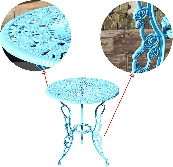 KAI LI Outdoor Furniture Bistro Set with Rose Pattern 1 Table 2 Chairs for Garden Patio Porch (Rose-Light Blue) - LeafyLoom