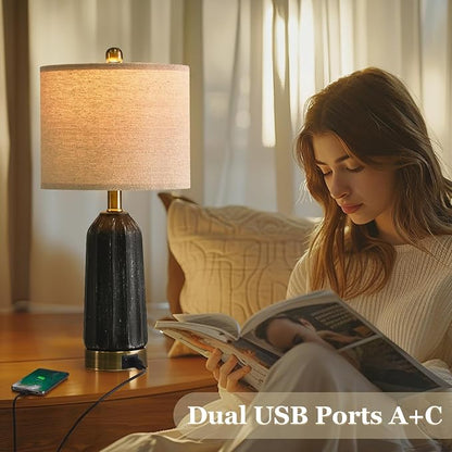 20.25" - Modern Ceramic Bedside Lamp with USB C+A Charging Ports, Table Lamp for Living Room, Bedroom, Nightstand Lamp, Farmhouse Table Lamp (Black)-Single - LeafyLoom