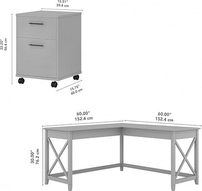 Bush Furniture Key West 60W L Shaped Desk with 2 Drawer Mobile File Cabinet in Cape Cod Gray - LeafyLoom