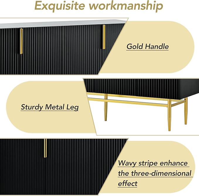 60" Modern 4-Door Elegant Sideboard with Gold Metal Handles and Legs,Storage Buffet Cabinet,W/Adjustable Shelves & Open Countertop,Console Table for Dining Living Room Hallway,Black - LeafyLoom