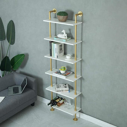 WGX Design For You Industrial 6-Tiers Modern Ladder Shelf Bookcase,Wood Storage Shelf,Display Shelving, Wall Mounted Wood Shelves(Gold) - LeafyLoom