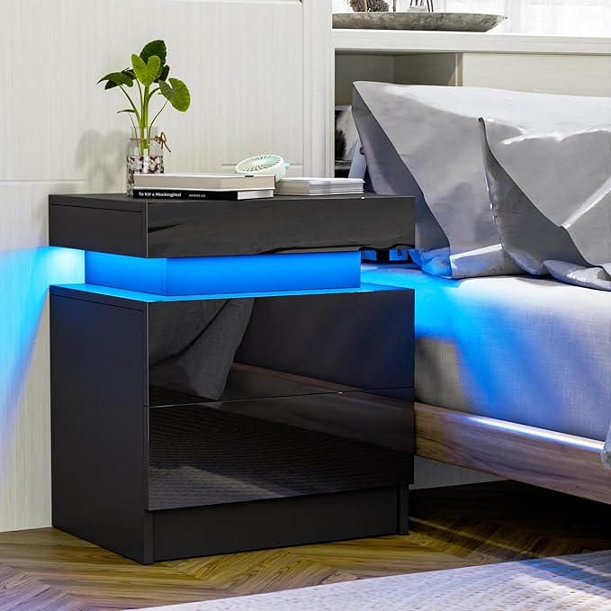 HOMMPA Set of 2 LED Nightstands Black Nightstand with Led Lights Modern Night Stand with 2 High Gloss Drawers Led Bedside Table Smart Nightstand for Bedroom 20.5” Tall - LeafyLoom