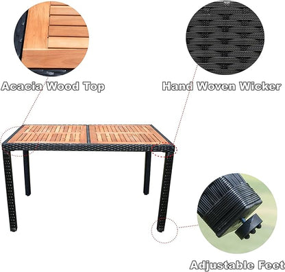 7-Piece Outdoor Dining Table Set with Acacia Wood TableTop and 6 Chairs, Rattan Wicker Patio Furniture for Garden Backyard Poolside, Onesize, Black - LeafyLoom