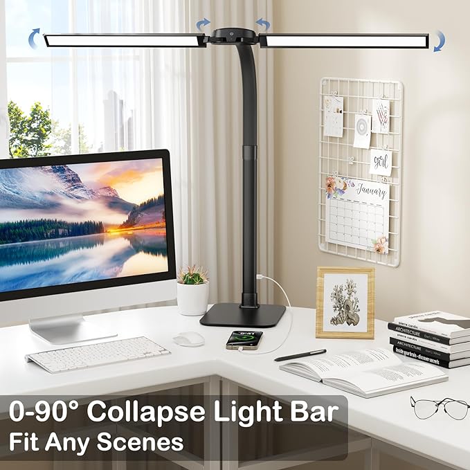 Desk Lamp with USB Charging Port for Home Office 24w Architect Remote Base Dual Task Led Light Modern 5 Color Modes Dimmable Adjustable Gooseneck Double Head Reading Drafting Eye Caring Tall Lamps - LeafyLoom