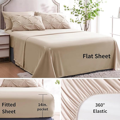 Ubauba 7pc Beige King Size Comforter Set with Sheets, 7 Piece Pintuck Bed in a Bag Ivory Bed Set with Comforter, Off White Bedding Comforters & Sets (Cream, King) - LeafyLoom