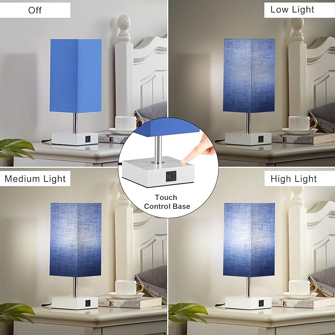 Ambimall Blue Table Lamp with USB Ports - 3 Way Touch Lamps Beside Desk, Nightstand Lamp for Bedrooms Living Room, Blue Shade with White Base, LED Bulb Included(Blue) - LeafyLoom