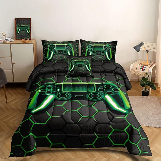 6 Pieces Gaming Bedding Set for Boys Gamer Comforter Set Full Size,Video Game Comforter for Kids Adult 3D Gaming Geometric Microfiber Bedding Sets 6 Pieces Bed in A Bag Sets H50021,Full - LeafyLoom