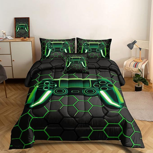 6 Pieces Gaming Bedding Set for Boys Gamer Comforter Set Queen Size,Video Game Comforter for Kids Adult 3D Gaming Geometric Microfiber Bedding Sets 6 Pieces Bed in A Bag Sets H50021,Queen - LeafyLoom