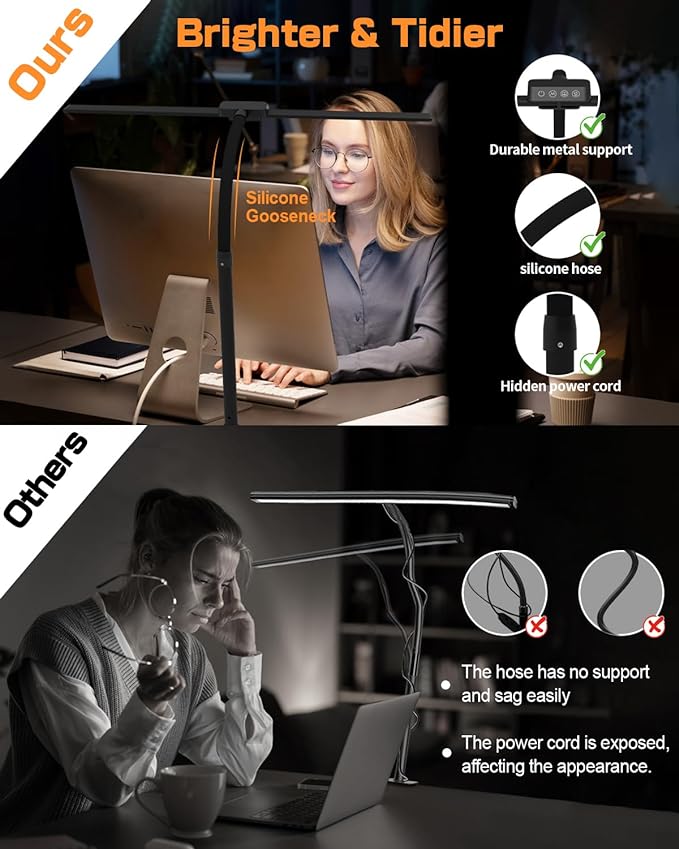 Desk Lamp with Clamp for Home Office - Eye-Caring Office Computer Led Desk Light with Flexible Gooseneck, 22W Bright Architect Study Clip Lamp for Desk Adjustable Task Lighting Stepless Dimming - LeafyLoom