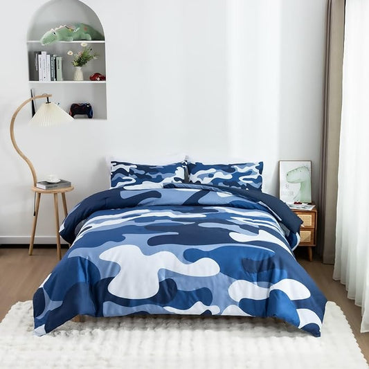 Meeting Story Camouflage Bedding Set, Colorful Pattern Style Comforter Set, 5 PCS One Comforter Two Pillowcases Two Sheets in One Bag, All Season Bedspread for Teens Adults (Navy,Queen 5Pcs) - LeafyLoom