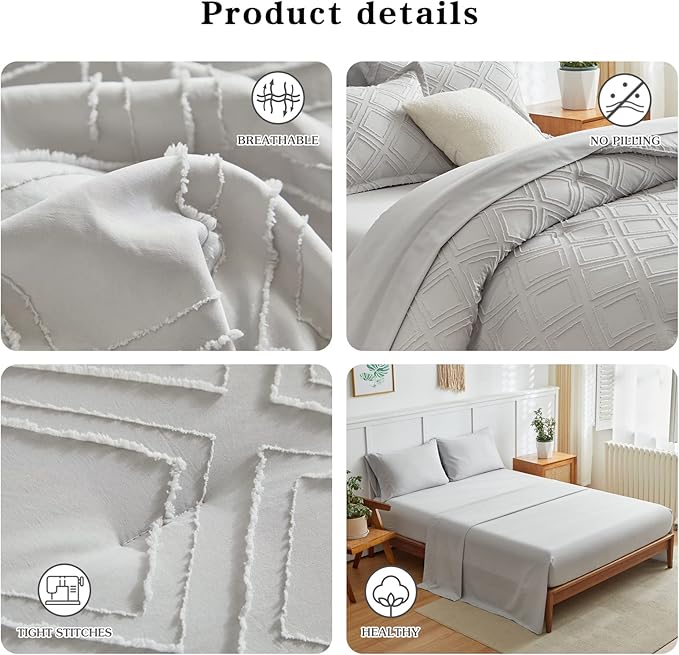 7 Pieces Tufted Bed in a Bag Queen Comforter Set with Sheets Light Grey, Soft and Embroidery Shabby Chic Boho Bohemian, Solid Color with Diamond Pattern, Jacquard Tufts Bedding Set for All Season - LeafyLoom