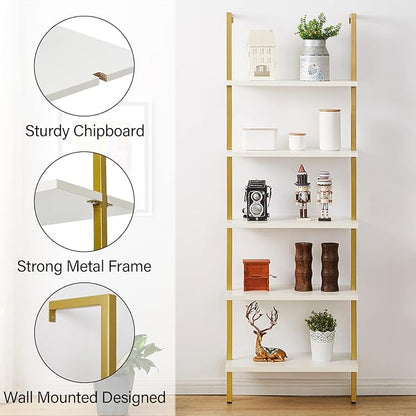 SUPERJARE Modern Ladder Shelf, 5-Tier Open Wall-Mounted Bookshelf with Stable Metal Frame, 72 Inches Storage Rack Shelves, Stand Bookcase for Home Office - White/Gold - LeafyLoom