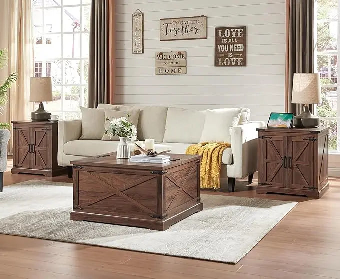 Farmhouse Square Coffee Table with Storage, Wood Center Table with Hinged Lift Top, Rustic Cocktail Table with Large Hidden Storage Compartment for Living Room, Bedroom,Brown - LeafyLoom