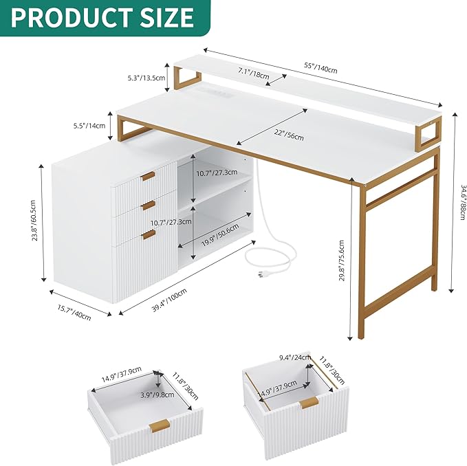 DWVO L Shaped Desk with File Cabinet & Power Outlets, 55" Computer Desk with Drawers, Corner Desk Office Desk with LED Light, White & Gold - LeafyLoom