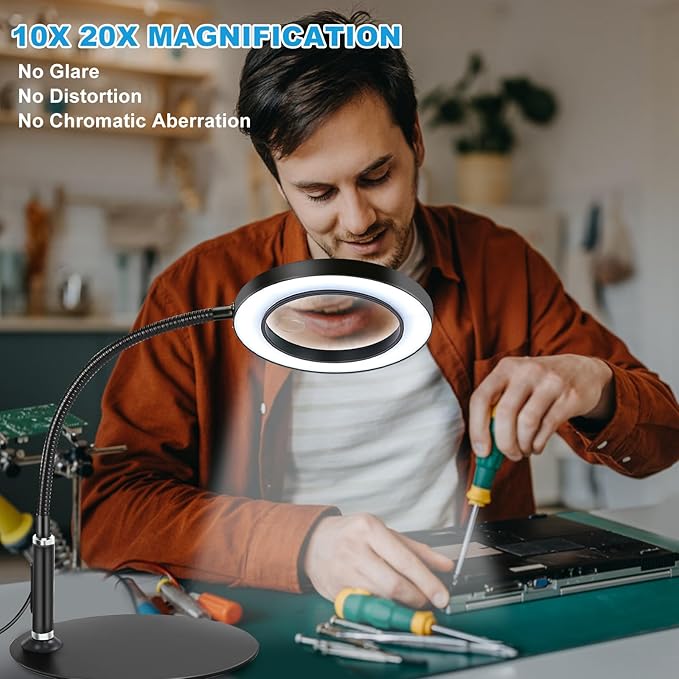 NZQXJXZ 20X10X Magnifying Glass with Light and Stand Lighted Magnifier with 72 LEDs 3 Color Modes and 10 Stepless Dimmable Desk Magnifying Lamp for Hobbies, Reading, Close Work, Jewelry - LeafyLoom