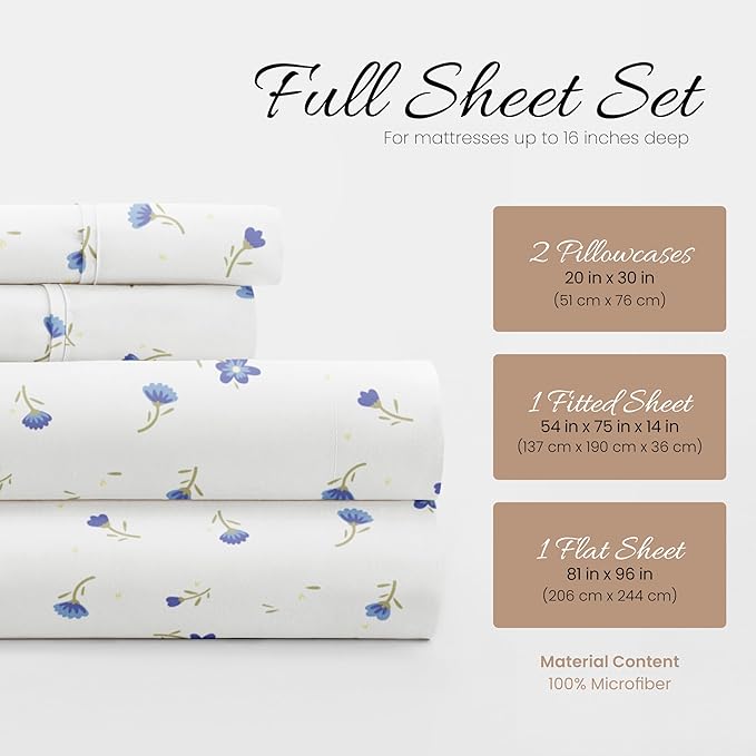 Linen Market 4 Piece Full Size Sheet Sets (Light Blue Floral) - Sleep Better Than Ever with These Ultra-Soft & Cooling Bed Sheets for Your Full Size Bed - Deep Pocket Fits 16" Mattress - LeafyLoom