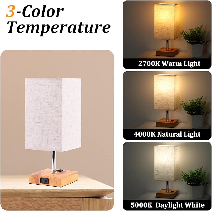 Dott Arts Small Table Lamps for Bedrooms Set of 2,2700K 4000k 5000K Nightstand Lamps with AC Outlets，Minimalist Wood Bedside Lamp with Square Shade,Night Light Lamp for Living Room Kids Room Office - LeafyLoom