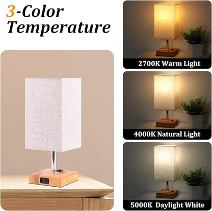 Dott Arts Small Table Lamps for Bedrooms Set of 2,2700K 4000k 5000K Nightstand Lamps with AC Outlets，Minimalist Wood Bedside Lamp with Square Shade,Night Light Lamp for Living Room Kids Room Office - LeafyLoom