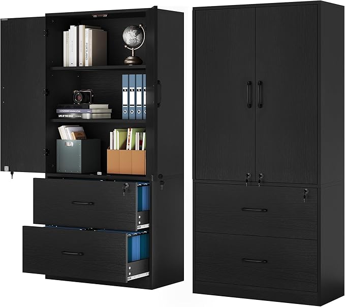 YITAHOME Wood File Cabinets, Heavy Duty Garage Tool Cabinets with Doors & Adjustable Shelves, Big Storage Filing Lockers for Home Office, Living Room, Pantry, Gym, Basement, Warehouse, Black - LeafyLoom