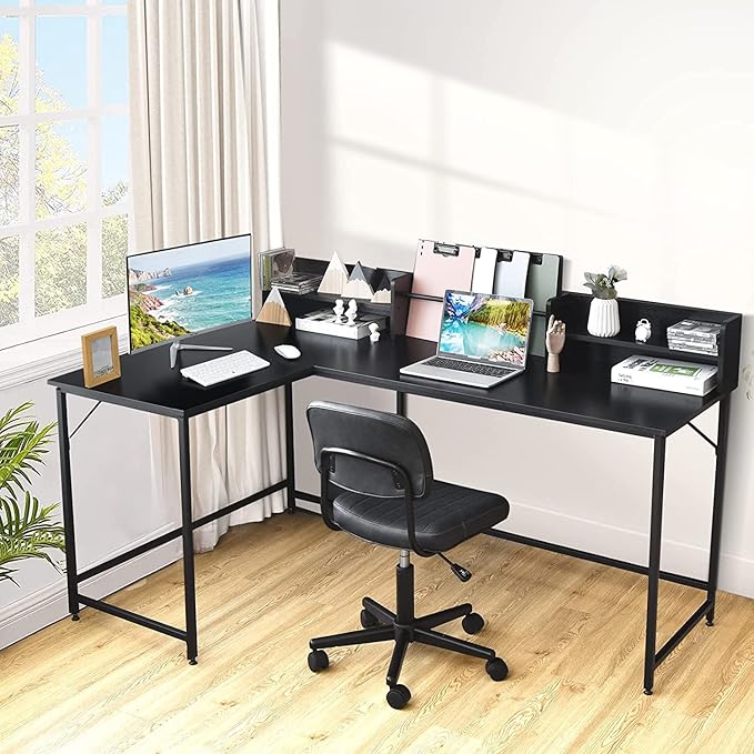 LUARANE 65.5 Inches L-Shaped Desk, Industrial Computer Desk with Hutch File Rack, Space Saving Corner Desk with Metal Frame, Computer Workstation for Home Office (Black) - LeafyLoom