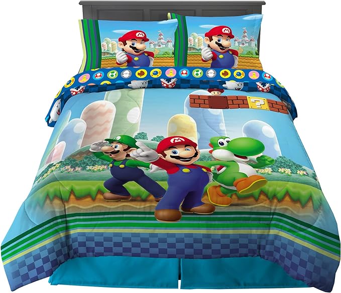 Franco Kids Bedding Super Soft Comforter and Sheet Set, (5 Piece) Full Size, Mario - LeafyLoom