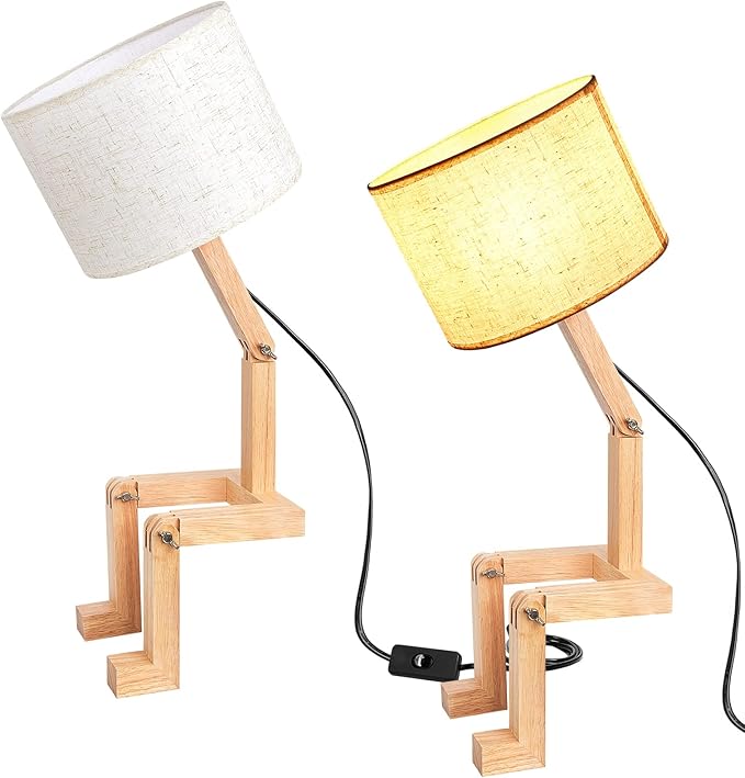 Robot Cute Desk Lamp Novelty Wooden Creative Table Lamp with Wood Base Adjustable Shape Bedside Fun Funky Lamp Reading Wood Lamp DIY Fun Robot Lamp for Bedroom, Office, Study Desk, Kids Room - LeafyLoom