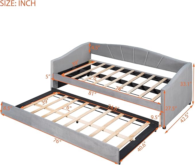 Twin Size Upholstered Daybed with Trundle, Wood Slat Support Sofa Bed with Armrest, No Box Spring Needed, Easy to Assemble, for Studio, Bedroom, Living, Guest Room, Gray - LeafyLoom