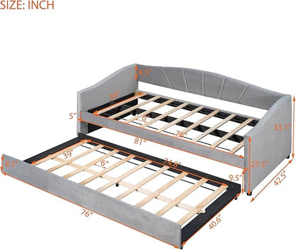 Twin Size Upholstered Daybed with Trundle, Wood Slat Support Sofa Bed with Armrest, No Box Spring Needed, Easy to Assemble, for Studio, Bedroom, Living, Guest Room, Gray - LeafyLoom