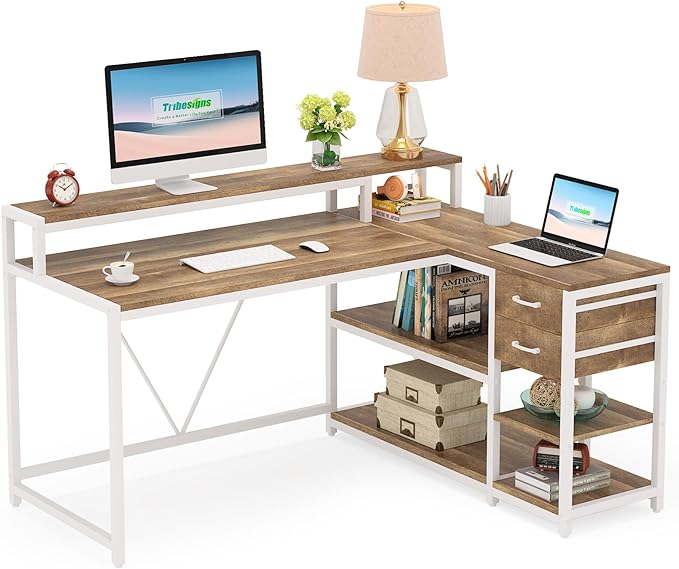 Reversible L-Shaped Computer Desk with hutch & Shelf,white - LeafyLoom