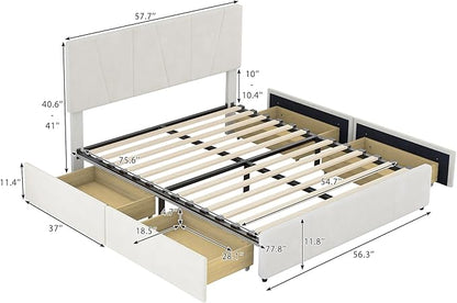 Full Size Upholstered Platform Bed Frame with 4 Storage Drawers and Adjustable Headboard, Wooden Slats Support, No Box Spring Needed, Beige - LeafyLoom