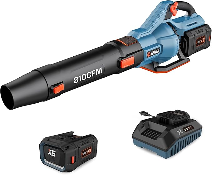 SENIX X6 60 Volt Max* Handheld Cordless Leaf Blower, Up to 810 CFM and 170 MPH, Variable Speed, Cruise Control, Lightweight, includes 4.0 Ah Battery and 3 Amp Charger (BLAX6-M1) - LeafyLoom