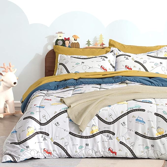 SLEEP ZONE Kids Twin Bedding Comforter Set - Super Cute & Soft Kids Bedding 5 Pieces Set with Comforter, Sheet, Pillowcase & Sham (Car Road) - LeafyLoom