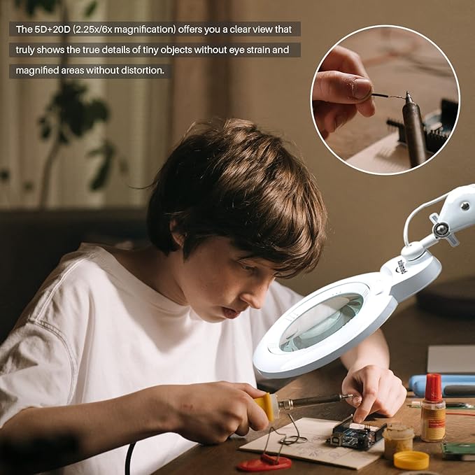 Bifocals Magnifying Desk Lamp with Clamp, 5 Diopter with 20 Diopter, 6 Inch Detachable Lens and 120PCS LEDs, 3 Color Modes 1200 Lumens Swivel Arm Magnifying Lamp with Light for Crafts - LeafyLoom