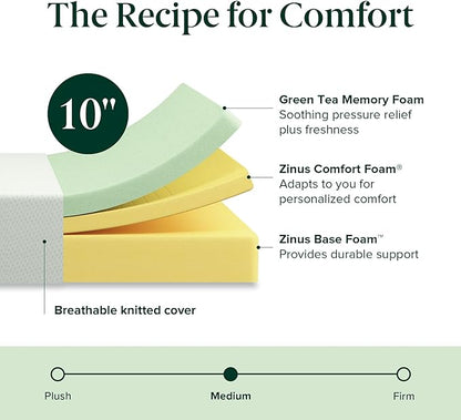 ZINUS 10 Inch Green Tea Memory Foam Mattress [New Version], Twin, Fiberglass free, Medium Firm Feel, Zoned Pressure Relief, Certified Safe Foams & Fabric, Mattress in A Box - LeafyLoom