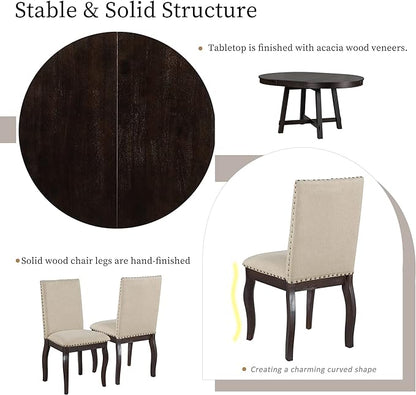 5-Piece Farmhouse Set with Wood Round Extendable Dining-Table and 4 Upholstered Chairs, for Diningroom, Living Room, and Kitchen, Espresso - LeafyLoom